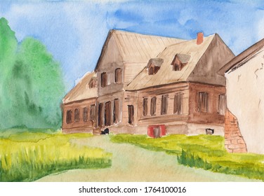 Watercolor Painting With Eastern European Landscape. Old Wooden House In Peaceful Countryside On A Sunny Day. Historical Place In Belarus. Country Manor House Of Wealthy Family.