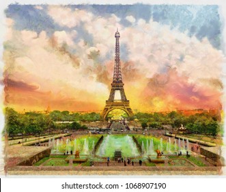 watercolor painting of Eiffel tower in Paris / France , skyline background , sunset 
