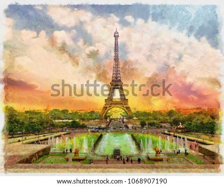 watercolor painting of Eiffel tower in Paris / France , skyline background , sunset 