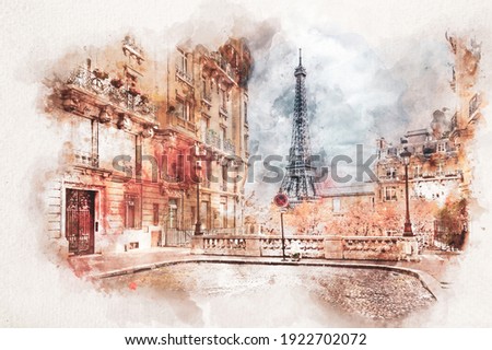 Watercolor painting of Eiffel Tower in Paris, France. 