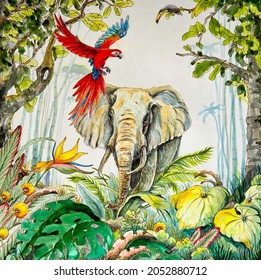 Watercolor painting of elaphant. Painting of beautiful image of a elephant in the forest.