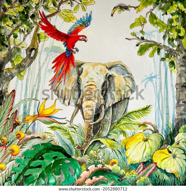 Watercolor painting of elephant. Painting of beautiful image of a elephant in the forest. Wallpaper for walls. 