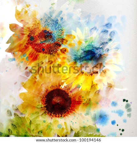 Watercolor painting. expressive sunflowers