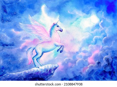 Watercolor Painting - Fantastic Unicorn Jumping Into The Sky