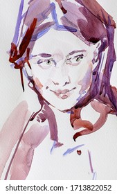 Watercolor Painting Female Portrait Handmade Stock Illustration 1713822052