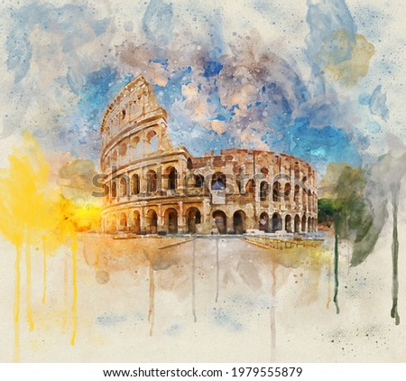 Watercolor painting Flavian Flavium Amphitheater or Colossus Rome, Italy
