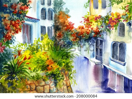 watercolor painting - flowers near the house