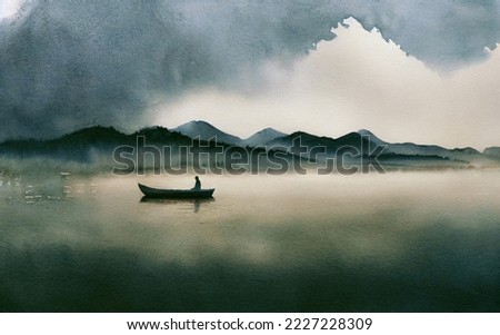 Watercolor painting of a foggy lake with a lonely man in a boat
