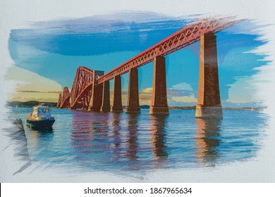 Watercolor painting of Forth Road bridge in Edinburgh, Scotland