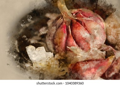 Watercolor Painting Of Fresh Garlic Cloves In Moody Natural Lighting Set Up With Vintage Style