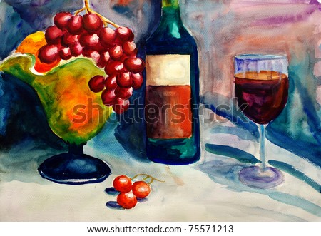 Watercolor Painting - Fruit and Wine