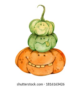 Watercolor Painting. Funny Hallowen Pumpkins