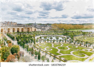 Watercolor Painting Garden Of Versailles Palace Southwest Of The Centre Of Paris.