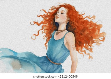 watercolor painting, girl with curly hair. - Powered by Shutterstock