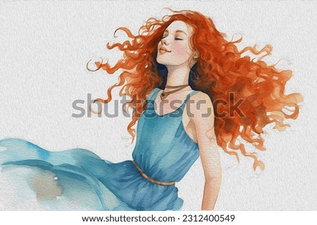 watercolor painting, girl with curly hair.