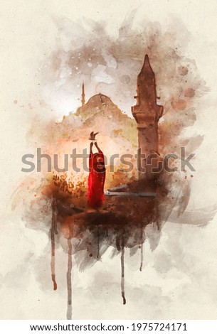 Watercolor painting. A girl dancing with the minaret of a mosque next to her