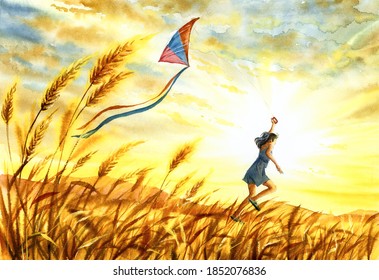 Watercolor Painting - A Girl Is Flying A Kite In Wheat Field