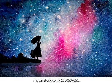 Aquarellmalerei von Mädchen betet zu Stern für friedliche und hoffnungsvolle in der dunklen Nacht