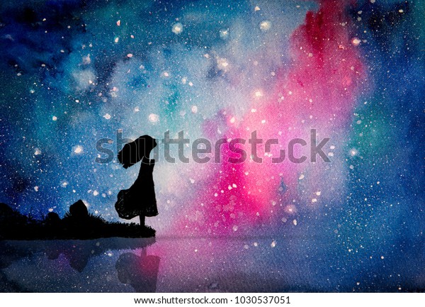 少女の水彩画は 暗い夜の平和と希望の星に祈る のイラスト素材