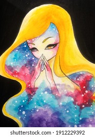 Watercolor Painting Of Girl With Universe Hair