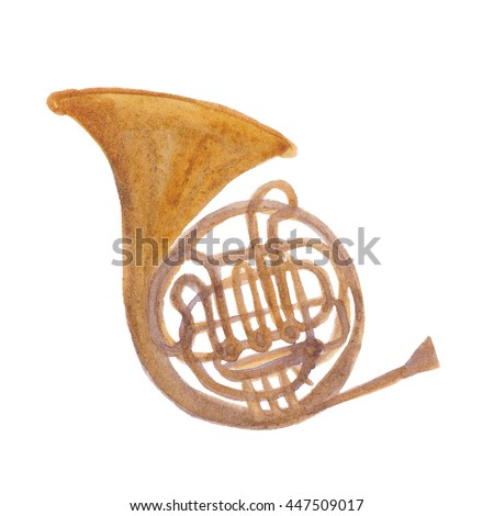 Watercolor painting Golden french horn in hard light isolated on white background