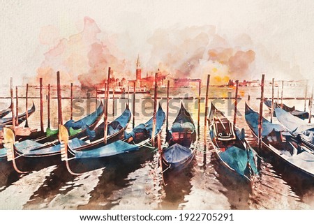 Watercolor painting of gondolas on Grand Canal in Venice, Italy. Artistic picture