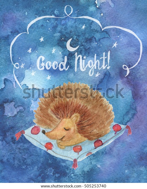 Watercolor Painting Good Night Card Sleeping のイラスト素材