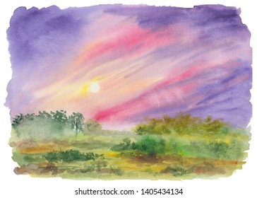 Watercolor Painting Of Green Misty Field With Colorful Vibrant Purple And Pink Sky. Hand Drawn Landscape Of Green Scenery With Sun. Meditative, Relaxation And Restoration Background. Fine Art.