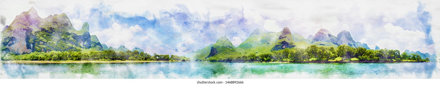 Watercolor Painting Of Guilin River 360 Panorama Photo From Middle Of The River