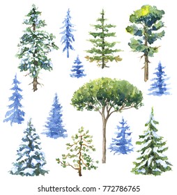 Watercolor painting  Hand drawn illustration  Set conifers   evergreen trees isolated white  Snow covered plants sketch 