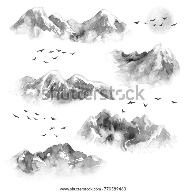 水彩画 手描きのイラスト インク山と飛ぶ鳥のセット 自然の景観デザインエレメント 白黒の月と雪の頂上の山 のイラスト素材