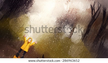 watercolor painting of happy girl playing in rain