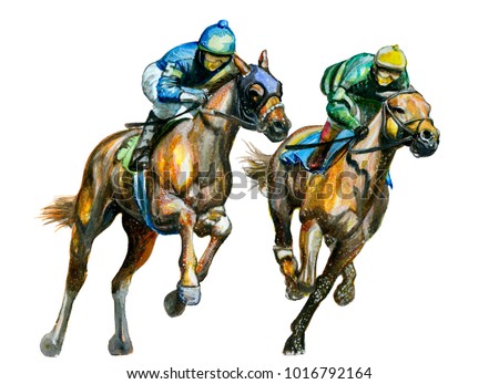 Watercolor painting horse racing. Hand drawn illustration isolated on white.