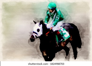 Watercolor Painting Of Horses At Churchill Downs