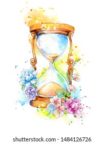 Watercolor painting hourglass decorated and flowers