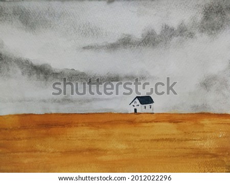 Watercolor painting house landscape countryside in the field.