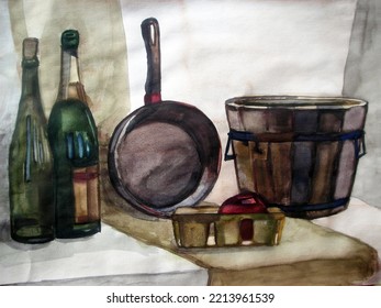 Watercolor painting  Household items  Still life art  Vintage style  Champagne   wine bottles  apple  pan  wood box  textile  fabric the table  Professional artwork  Brown colors 