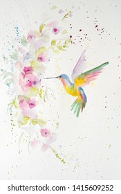 Watercolor Painting Of Hummingbird. Handmade