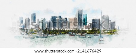 Watercolor painting illustration of Miami skyline with yachts, boats and skyscrapers