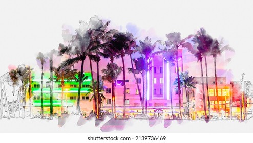 Watercolor Painting Illustration Of Ocean Drive Hotels And Restaurants At Sunset. City Skyline With Palm Trees At Night. Art Deco Nightlife On South Beach