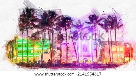 Watercolor painting illustration of Ocean Drive hotels and restaurants at sunset. City skyline with palm trees at night. Art deco nightlife on South beach