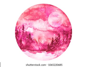 Watercolor painting, illustration, round logo. Forest, suburban landscape, silhouettes of fir trees, pines, trees and bushes, the night sky with stars. pink, burgundy color. Full moon, eclipse.