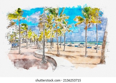 Watercolor painting illustration Seafront beach promenade and palm trees in Fort Lauderdale