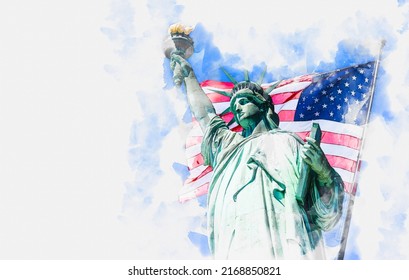 Watercolor Painting Illustration Statue Liberty Large Stock ...