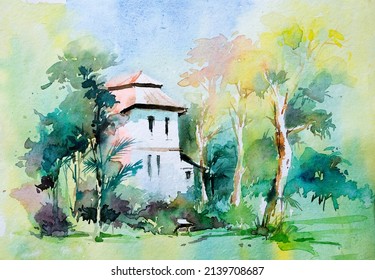 Watercolor painting of Indian village, a house with green forest background. Indian watercolor painting made with paints and brush.