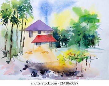 Watercolor painting of Indian village, a house with green forest background and yellow colored field in foreground. Indian watercolor painting made with paints and brush.