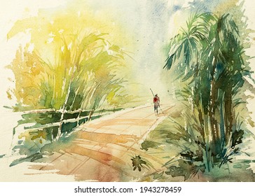 Watercolor painting of Indian village road with trees on both sides, in the morning. A sweeper man dcleaning the roadside with sweep.
