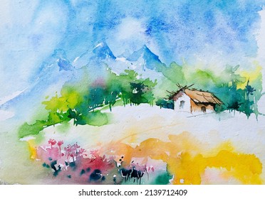 Watercolor painting of Indian village, a wooden house with green forest and mountains background and yellow colored field in foreground. Indian watercolor painting made with paints and brush.