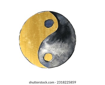 watercolor painting ink abstract texture minimal yin yang gold symbol. isolated hand drawn.