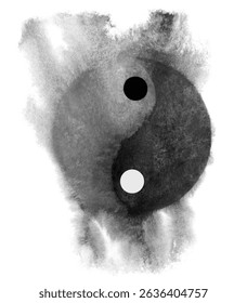 watercolor painting ink abstract texture minimal yin yang symbol. hand drawn.	 isolated on white background.